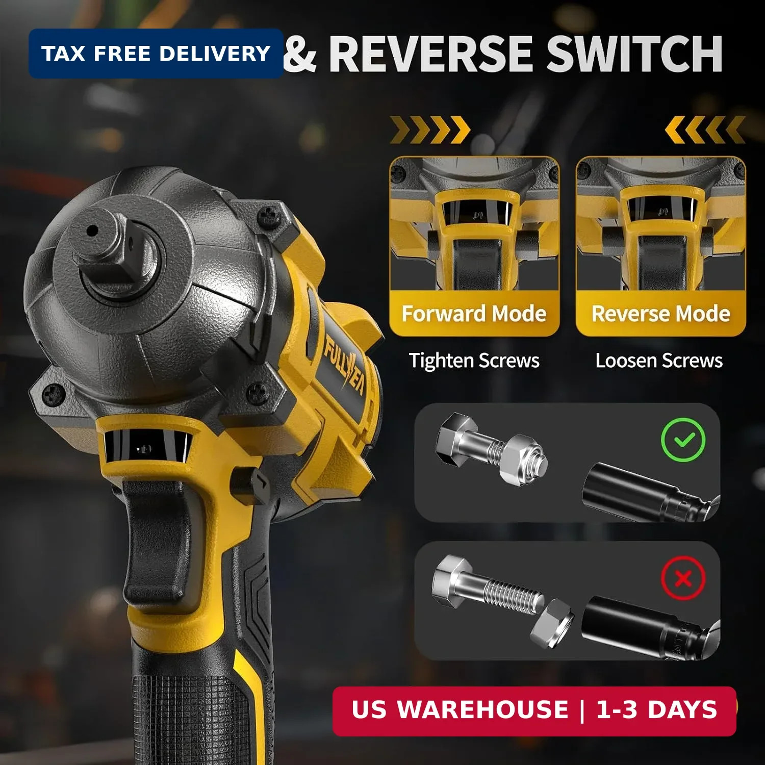 FULLYEA Cordless Impact Wrench 1/2, Max 550N. M/406Ft-lbs High Torque Brushless
