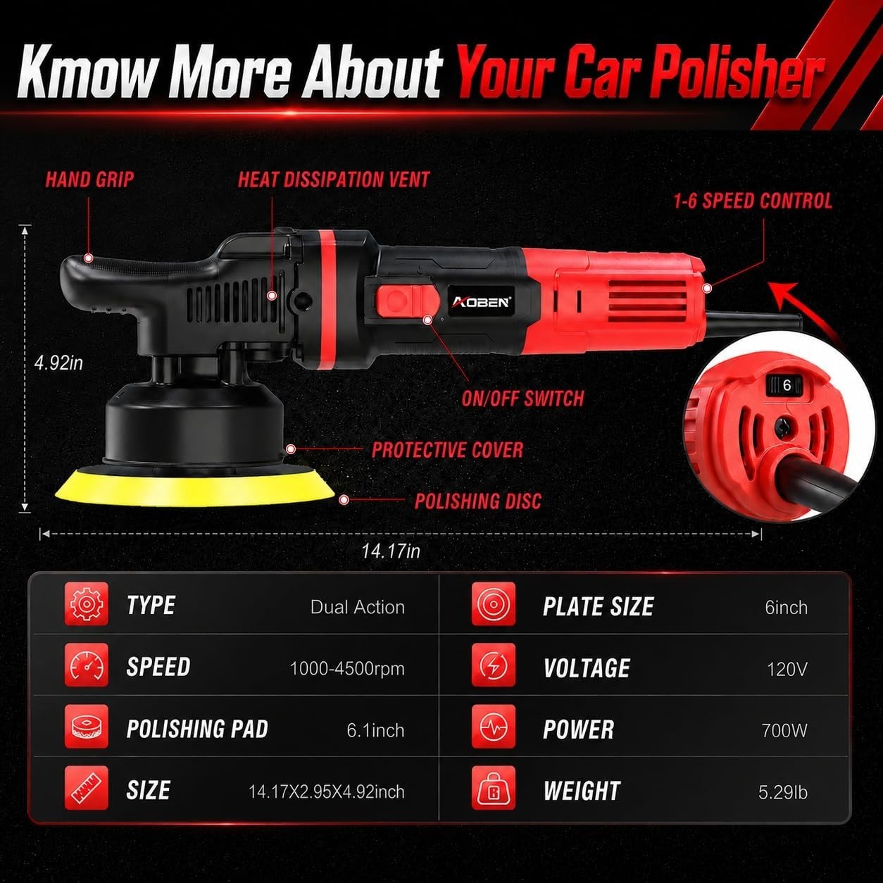 AOBEN 6&Prime; Car Buffer Polisher Dual Action Random Orbital 1000-4500rpm Kit