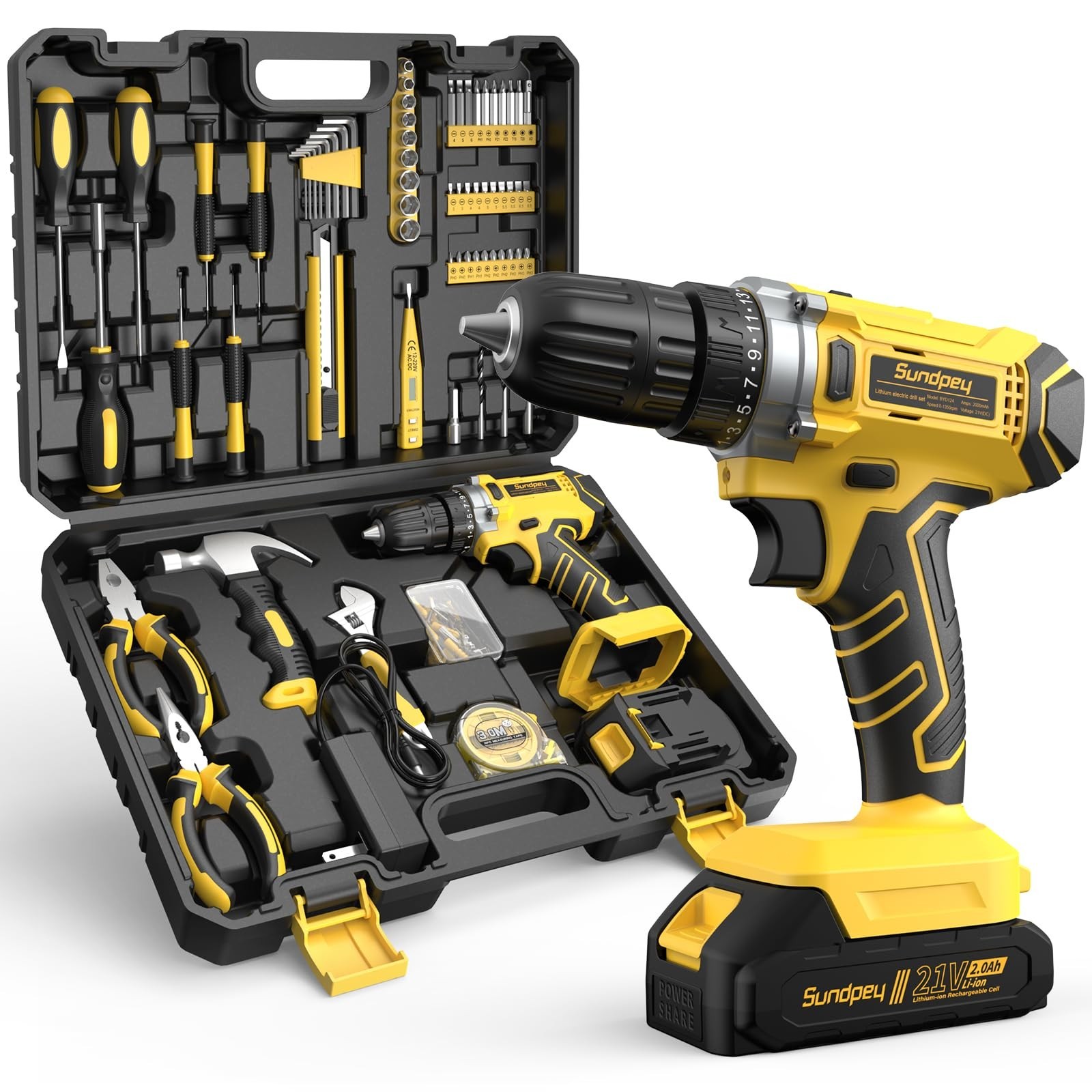 170 Pcs Portable Home Tool Kit Set with 21V Cordless Drill, Wrench, Pliers & Cas