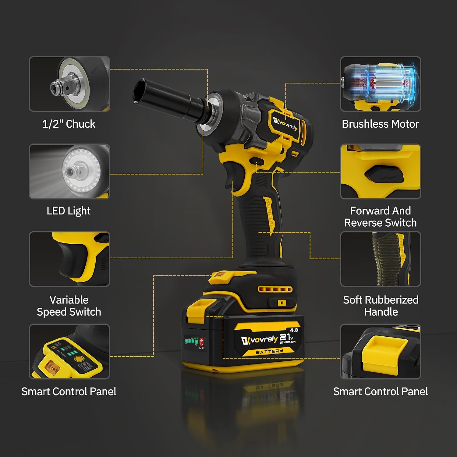 Cordless Impact Wrench 480 Ft-Lbs(650N.M) High Torque 1/2 Inch, 3300RPM Brushles