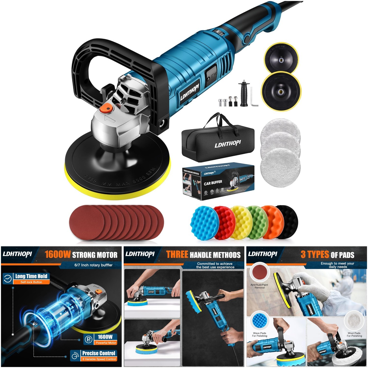 1600w 7 Inch/6 Inch Rotary Buffer Polisher 3500rpm Variable Speed Car Boat