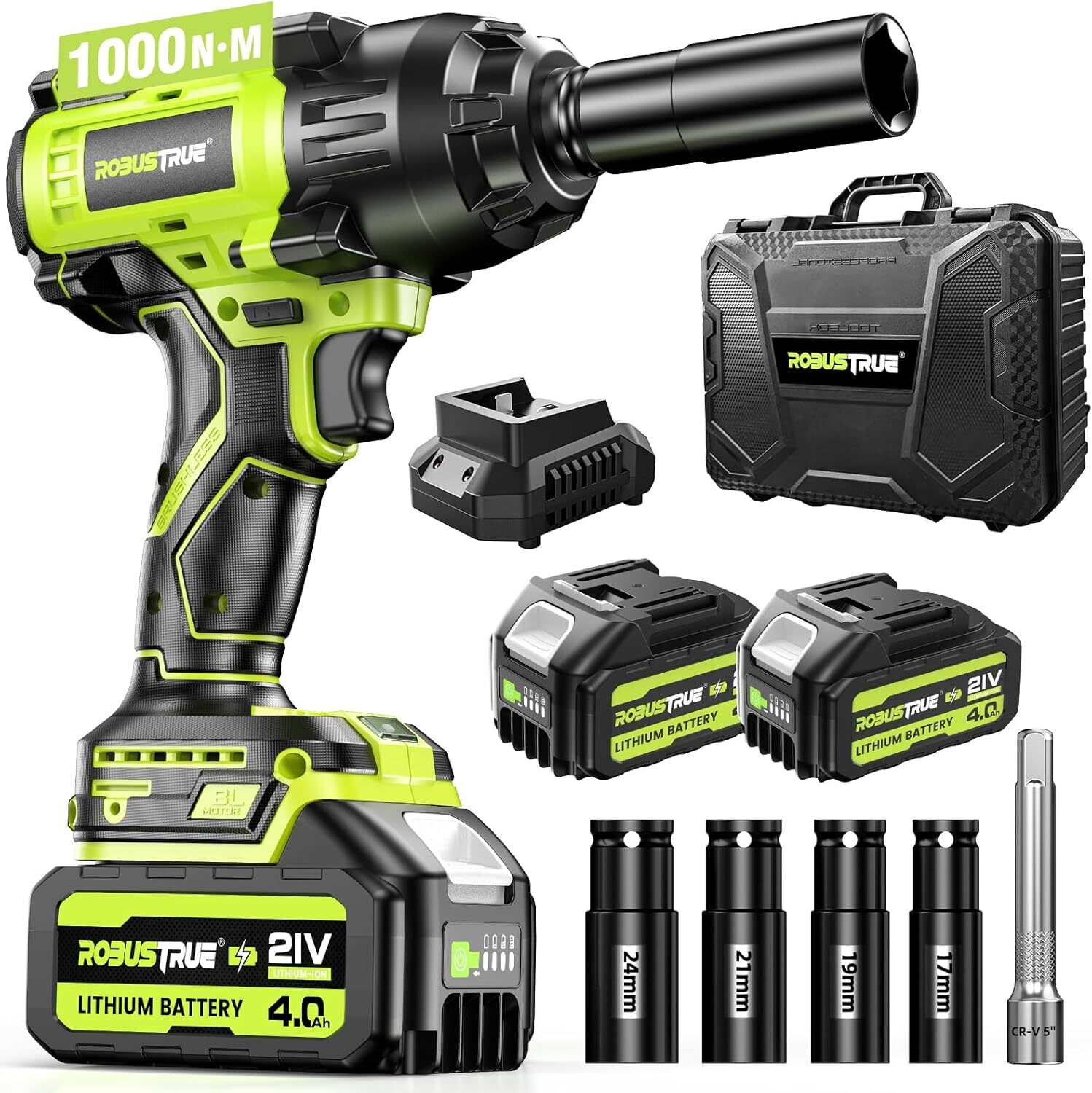 Robustrue 1/2&Prime; 1000N.m Cordless Impact Wrench 2×4.0Ah Batteries Fast Charger Set
