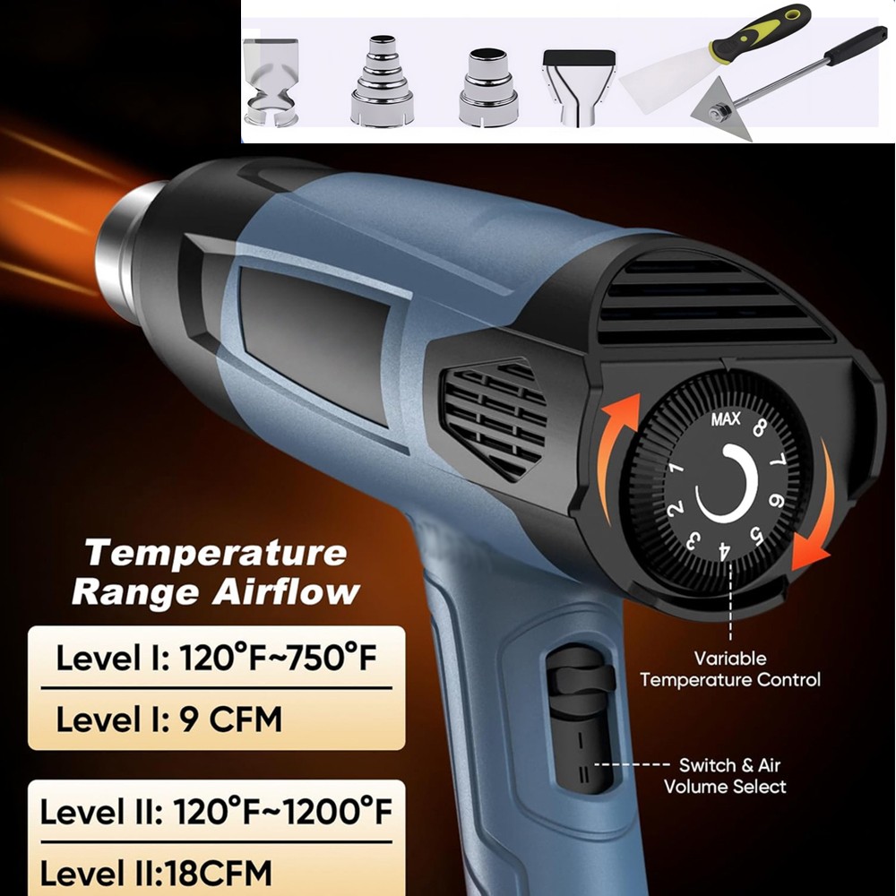 1500W Heavy Duty Heat Gun Hot Air Gun Kit 2 Air Flow 120°F~1200°F and 4 Nozzles