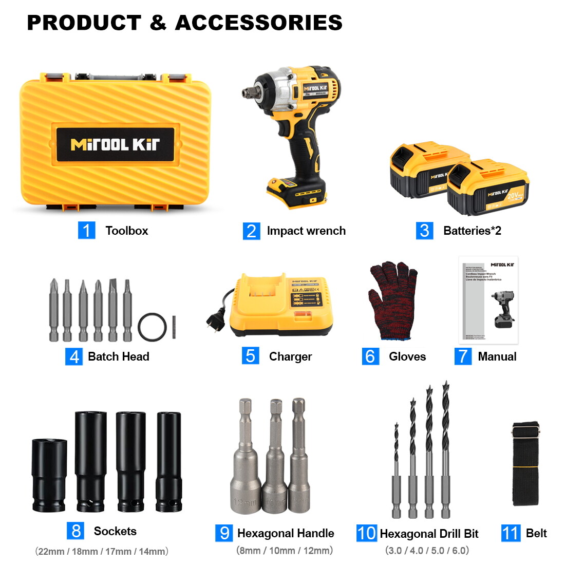 HIGH TORQUE 1/2&Prime; IMPACT WRENCH BRUSHLESS CORDLESS BATTERY IMPACT GUN KIT -Yellow
