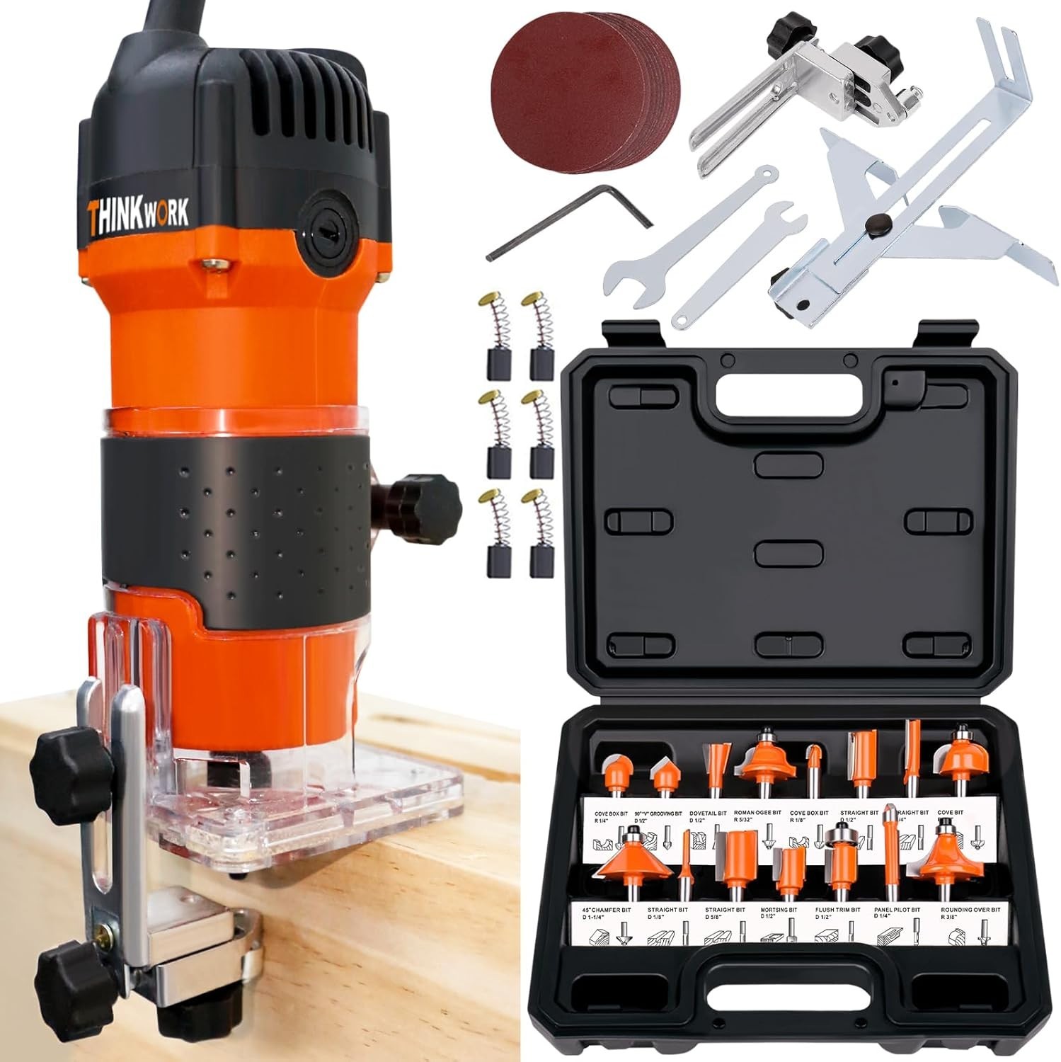 THINKWORK Compact Router 6.5-Amp 1.25 HP Compact Wood Palm Router Wood Trimmer