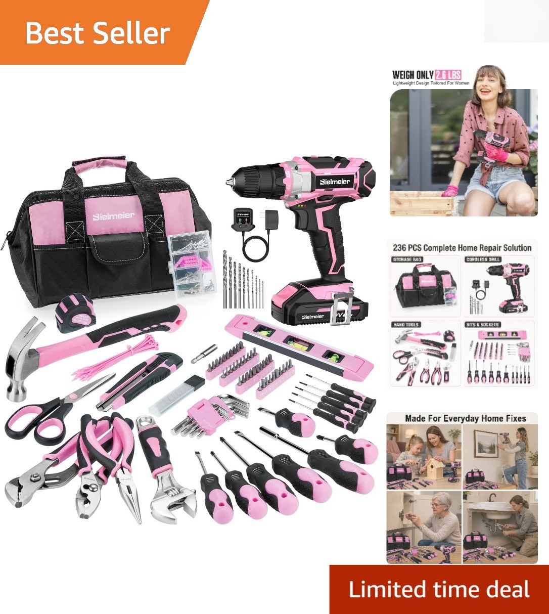 Comprehensive 236Pcs Pink Tool Kit with Cordless 20V Drill – Home Essentials