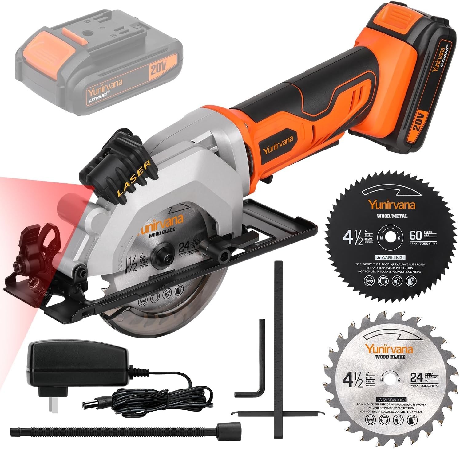 Mini Circular Saw 20V Cordless 3400RPM 4.5&Prime; Blade 1-2/3&Prime; Depth Adj Angle Laser