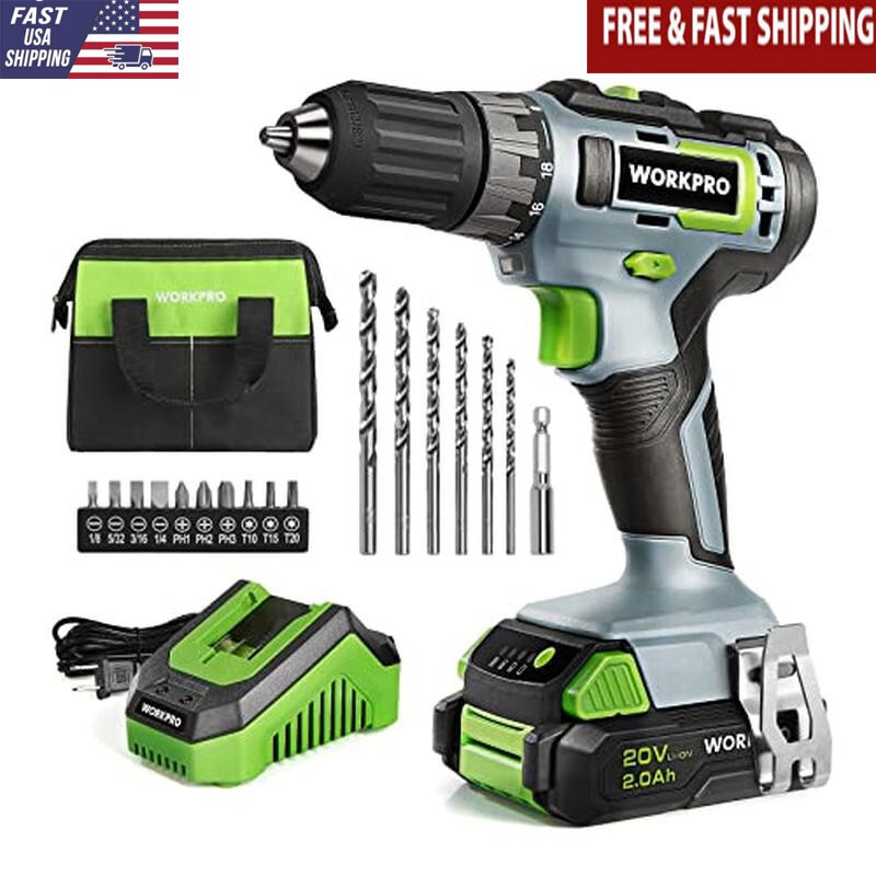 20V Cordless Drill Driver Kit 2Ah Battery Fast Charger 11in Storage Bag New