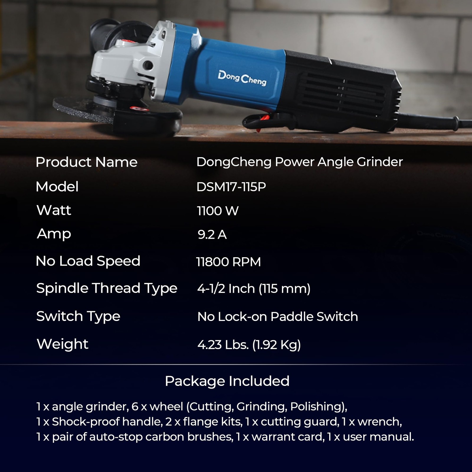 DongCheng 9.2 Amp Power Angle Grinders, 4-1/2 AMP Paddle Switch, Blue