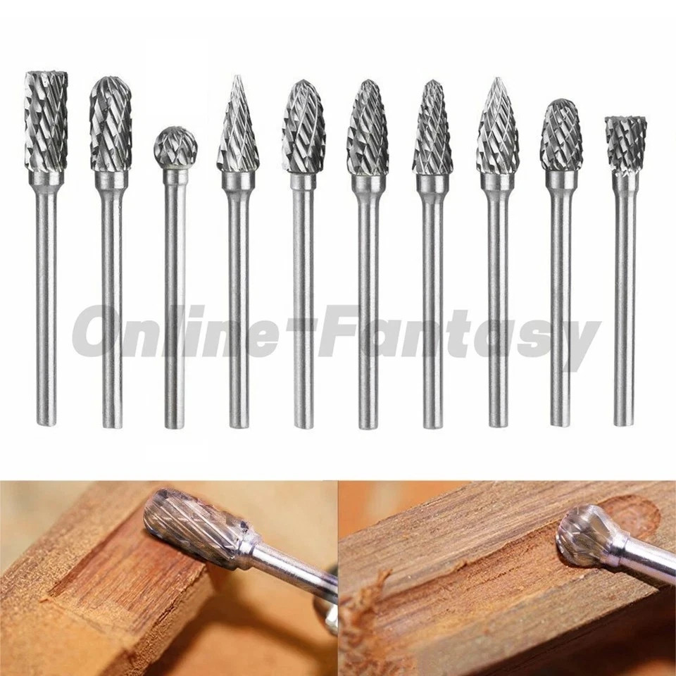 10 PCS 1/8&Prime; Tungsten Carbide Cutting Carving Rotary Burr Bit Set For Dremel Tool