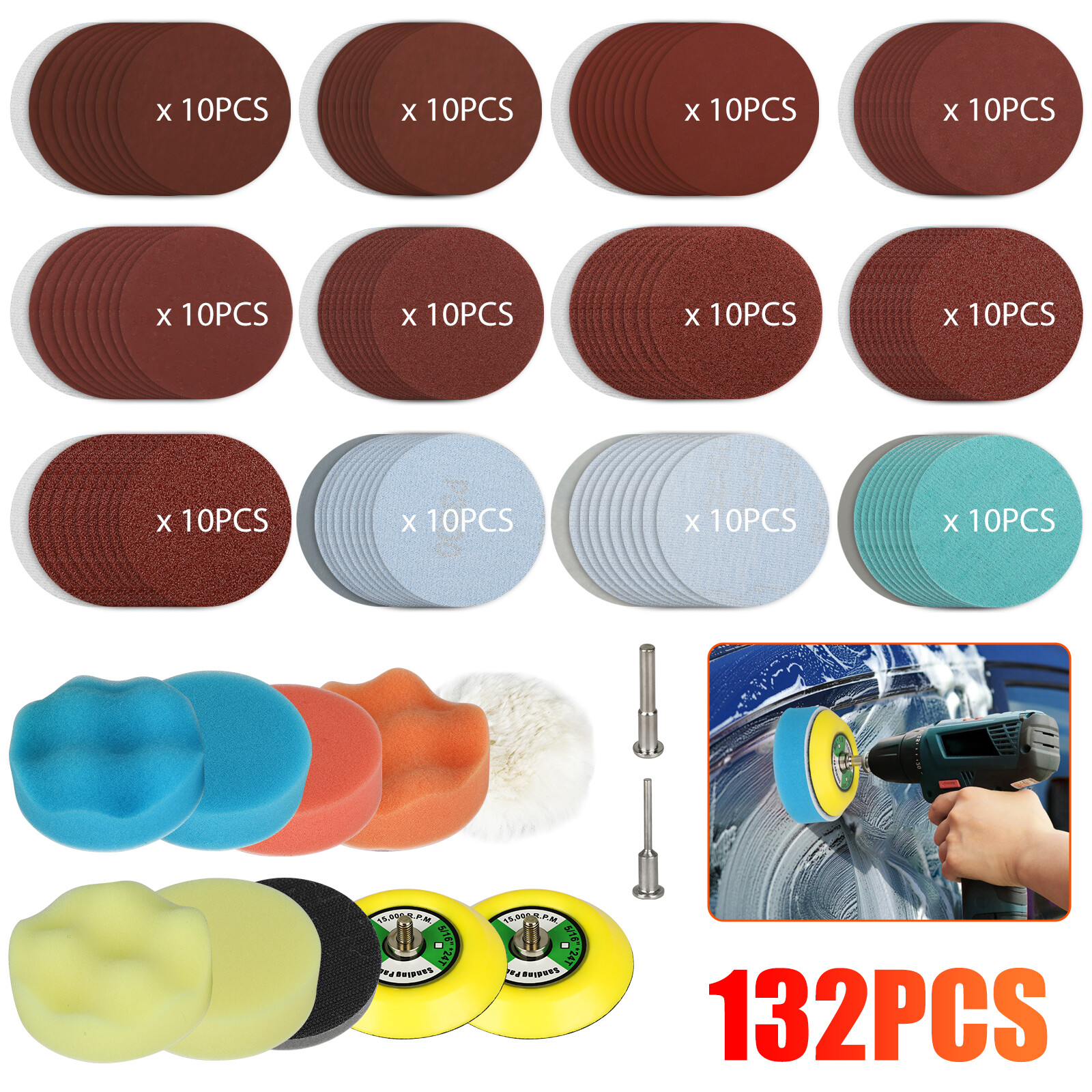 132Pcs 3&Prime; Sanding Discs Foam Buffering Sponge Pad Sander Paper + Drill Adapter