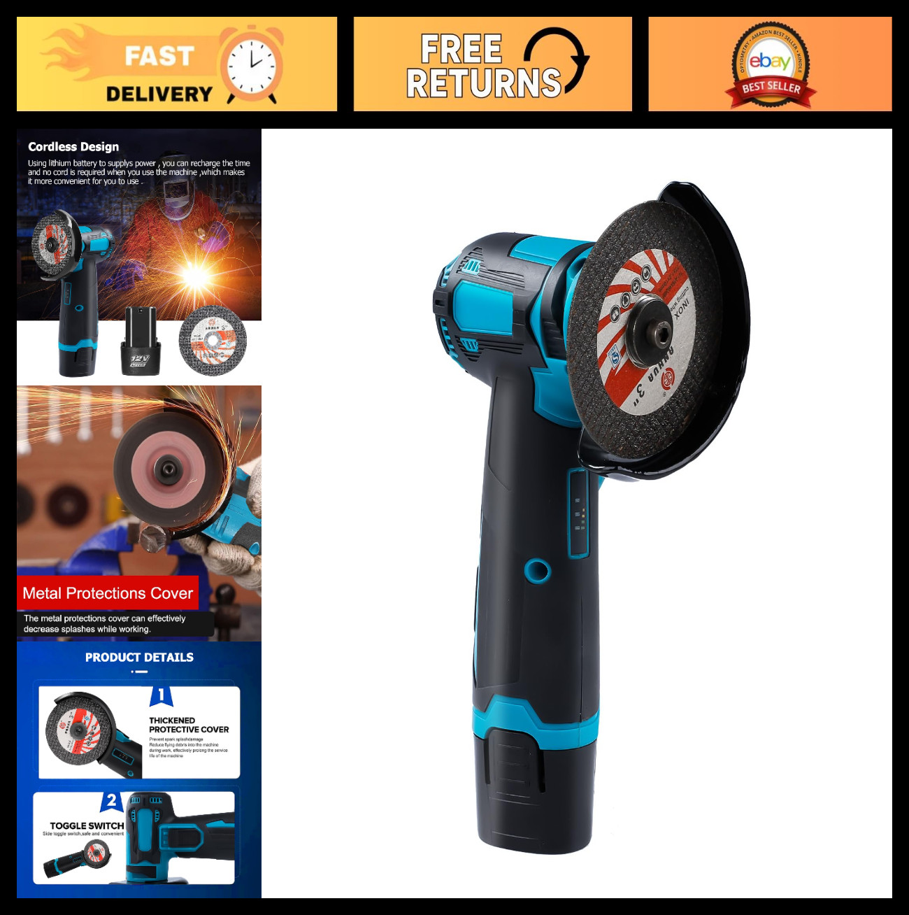 Cordless Angle Grinder 19500RPM, 12V Battery & 2 Cutting Discs for Metal, Stone,