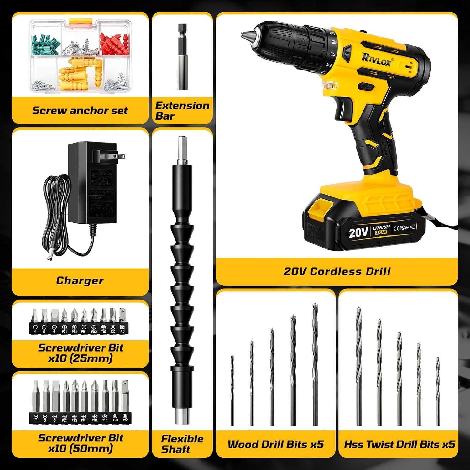20V Cordless Drill Set,Electric Power Drill Cordless,Power Drill Drivers,Elec…
