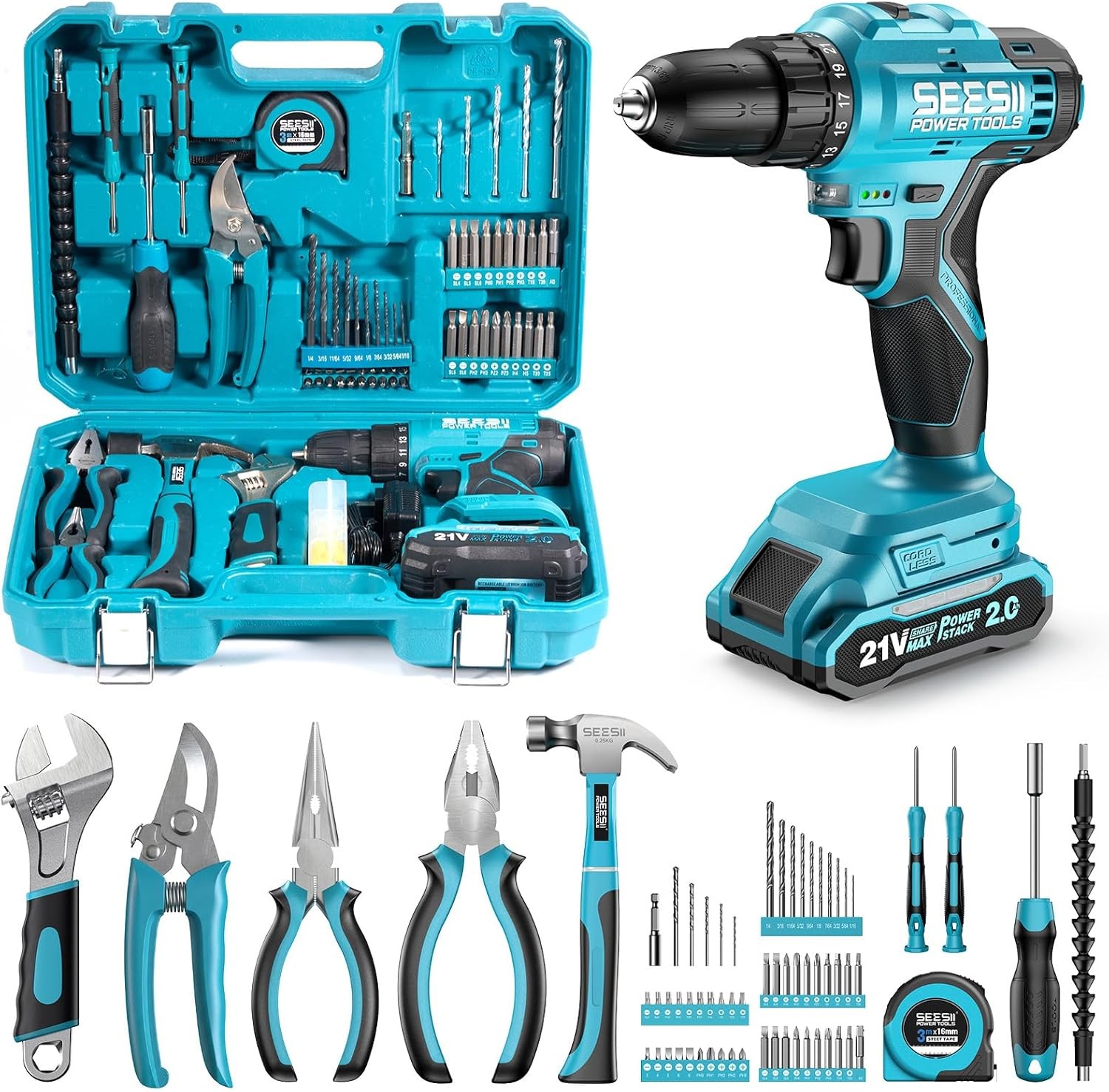 Seesii Electric Cordless Drill Home Tool Kit with Battery Hand Tool Kits 190PCS