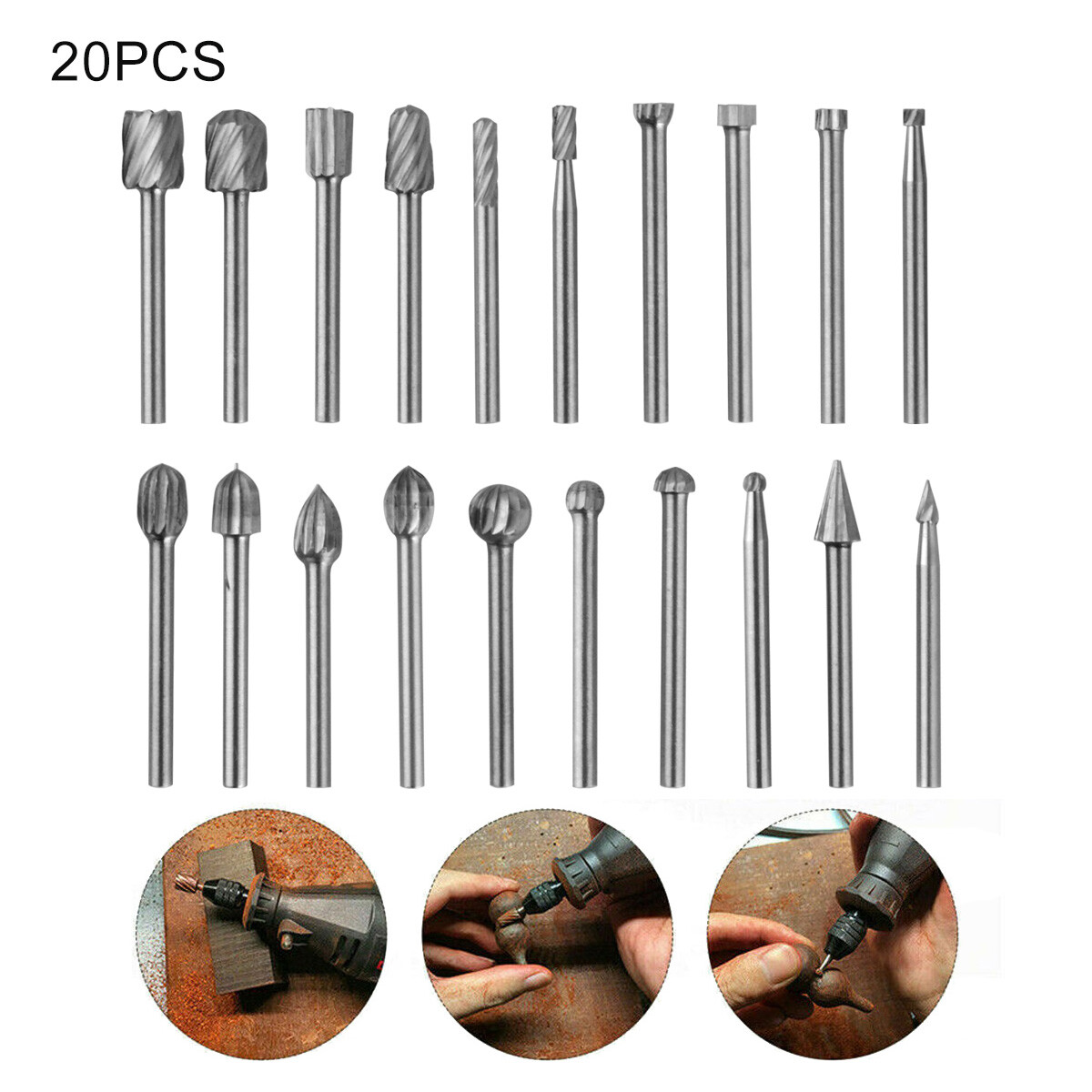20Pcs HSS Carbide Drill Bits Set Grinder Shank Carving Burr Rotary Dremel Tools