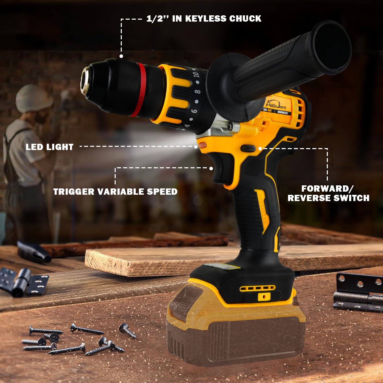 Cordless Drill Driver for Dewalt 20V Battery, Brushless 1/2&Prime; Compact Drill Tool