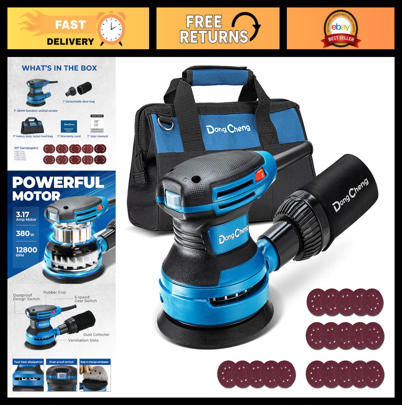 5-Inch Electric Random Orbital Sander, 3.2A, 12800OPM, 6 Speeds, Dust Bag & 20 S