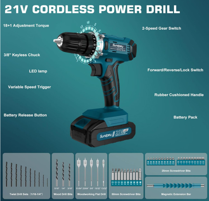 Kit de Herramientas 255 Piezas con Taladro Inalámbrico 21V y 2 Baterías 2.0Ah