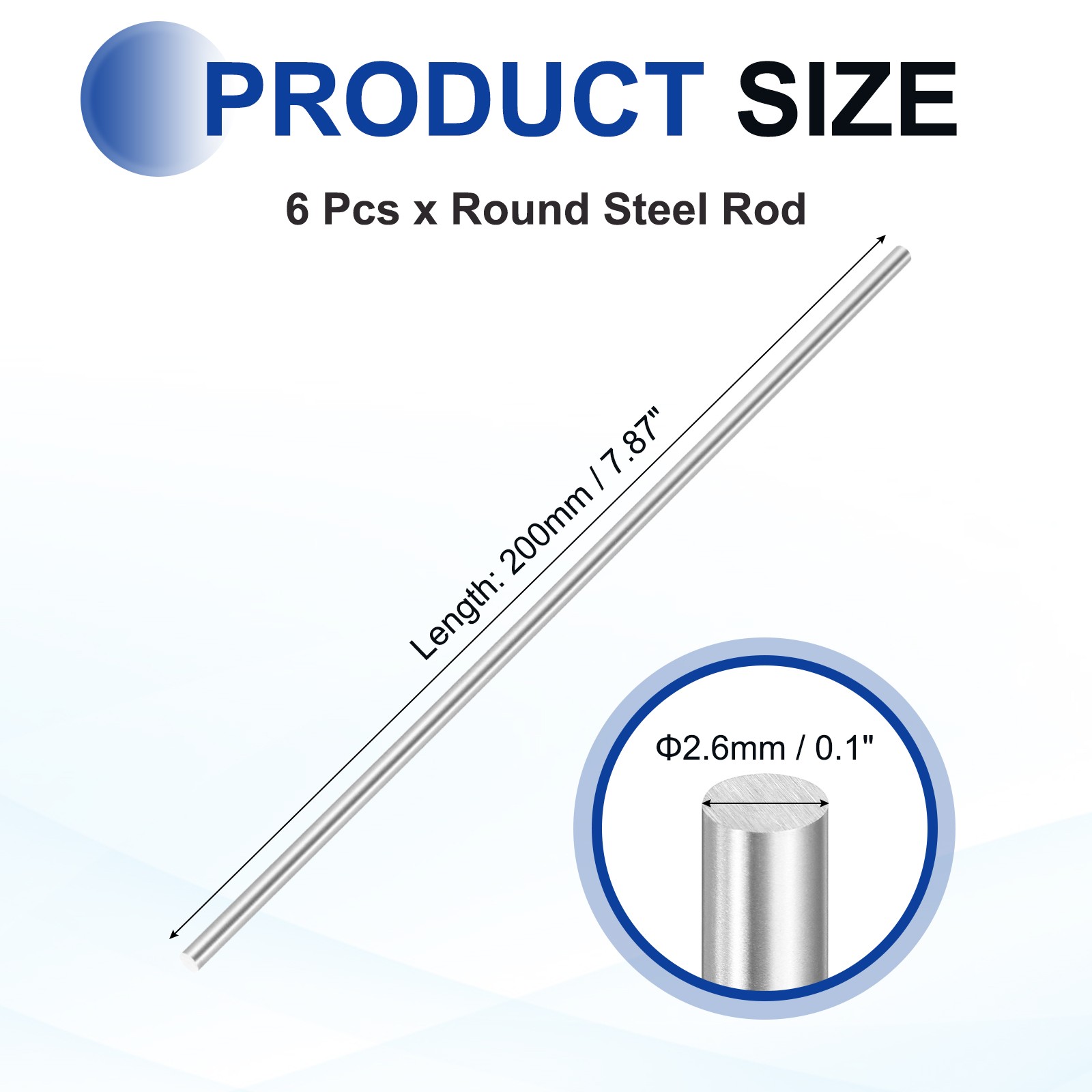 Round Steel Rod, 2.6mm x 200mm HSS Lathe Bar Stock Tool, 6 Pcs