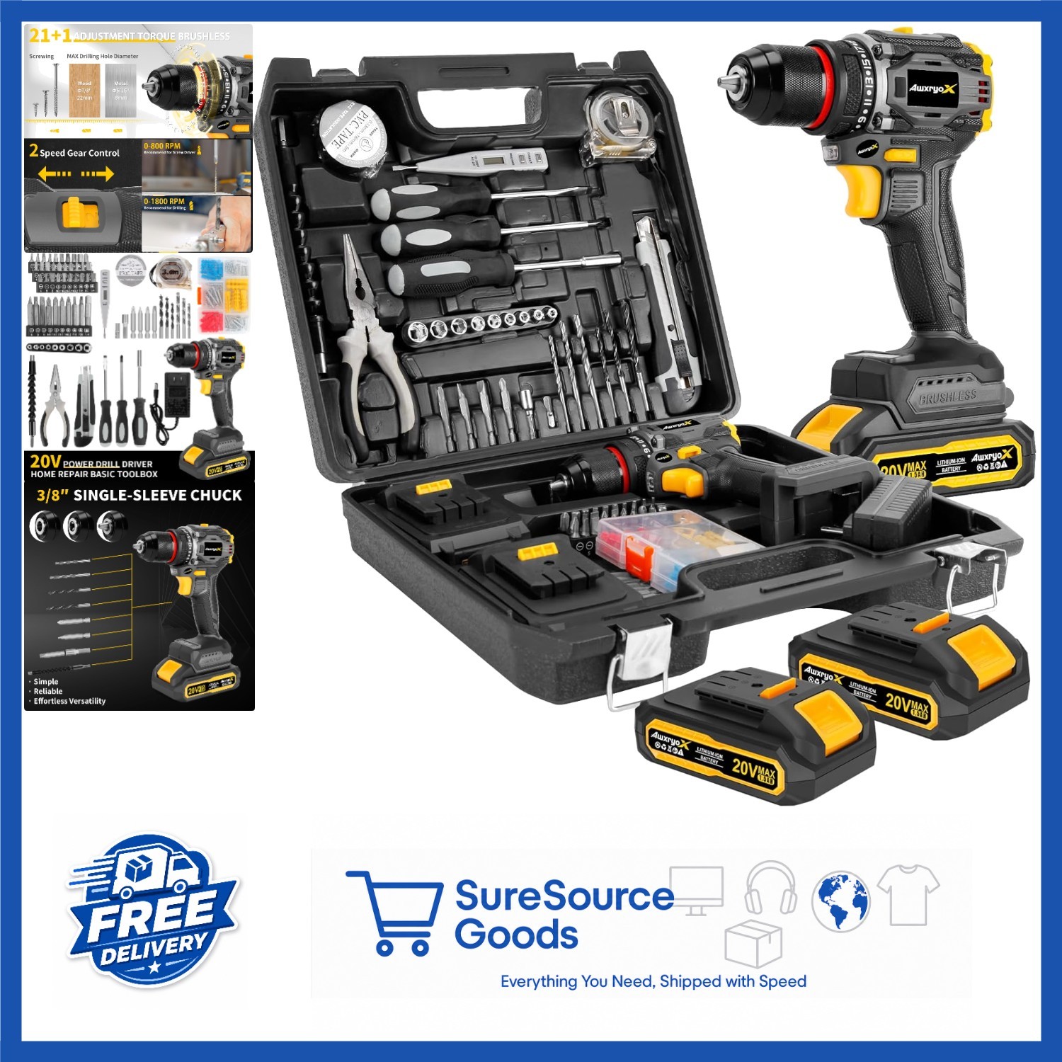 Compact Brushless Drill Set 60N.m Torque 135Pcs DIY Tool Kit with Accessories