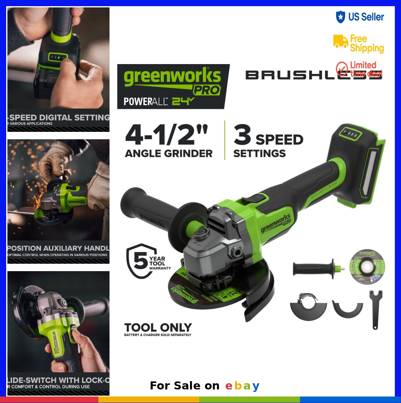 Cordless Angle Grinder 4-1/2 Inch 24V Brushless 9000 RPM Tool Only Compact