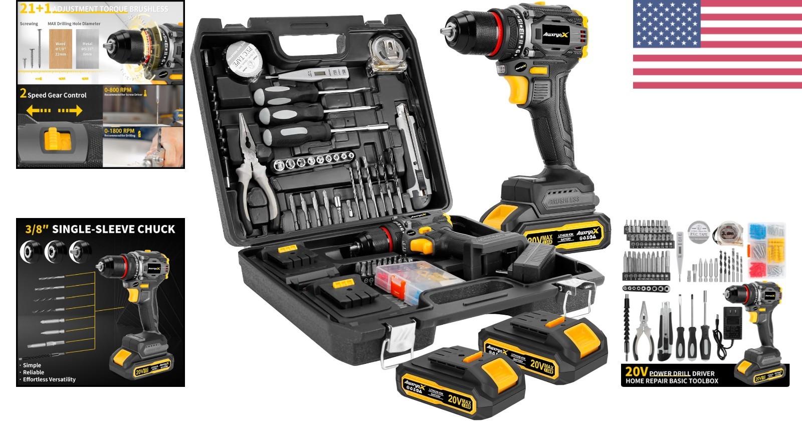 Compact Brushless Drill Set 60N.m Torque 135Pcs DIY Tool Kit with Accessories