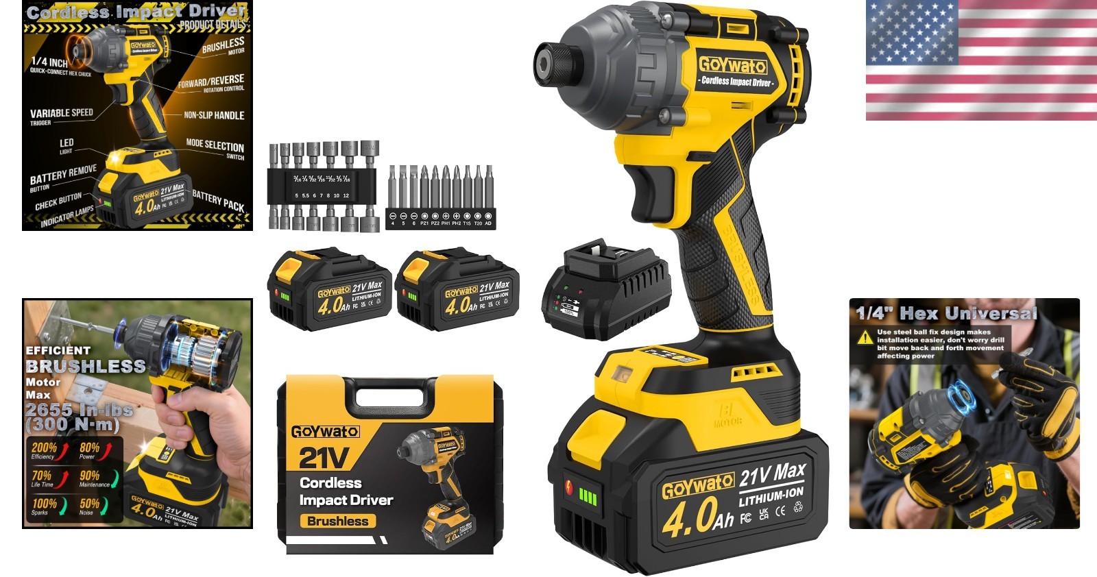 21V Yellow Impact Driver Kit | 2×4.0Ah Batteries, LED Light