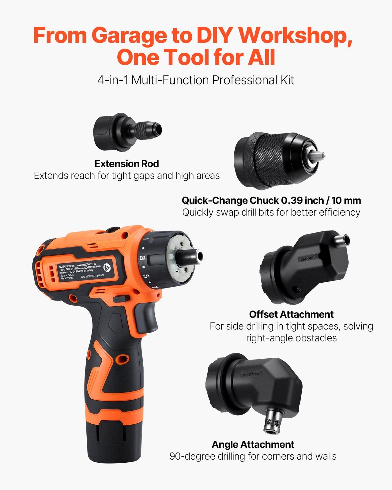 Cordless Drill 5-in-1: 32N·m, Dual-Speed, Metal Chuck, 2x2000mAh, Tool Case