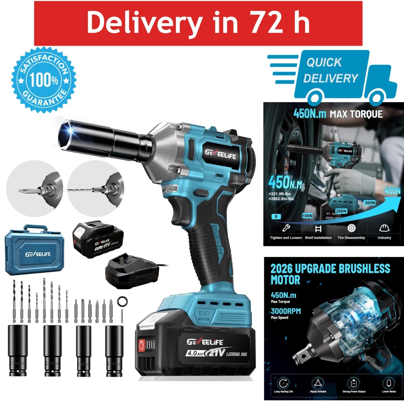 GEVEELIFE 450Nm Brushless Impact Wrench 21V 4Ah Battery 1/2in Kit