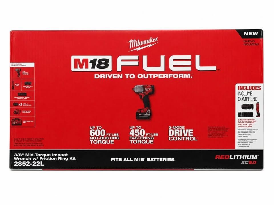 Milwaukee 2852-22L M18 FUEL 3/8&Prime; Mid-Torque Impact Wrench Kit W/ (2) 5.0Ah Batt