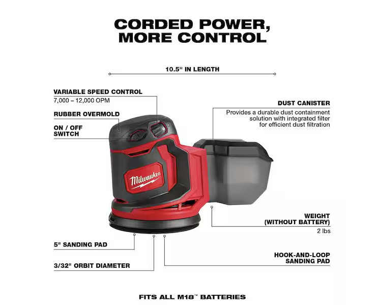 Milwaukee M18 18V Cordless 5 in. Random Orbit Sander (Tool-Only) 2648-20