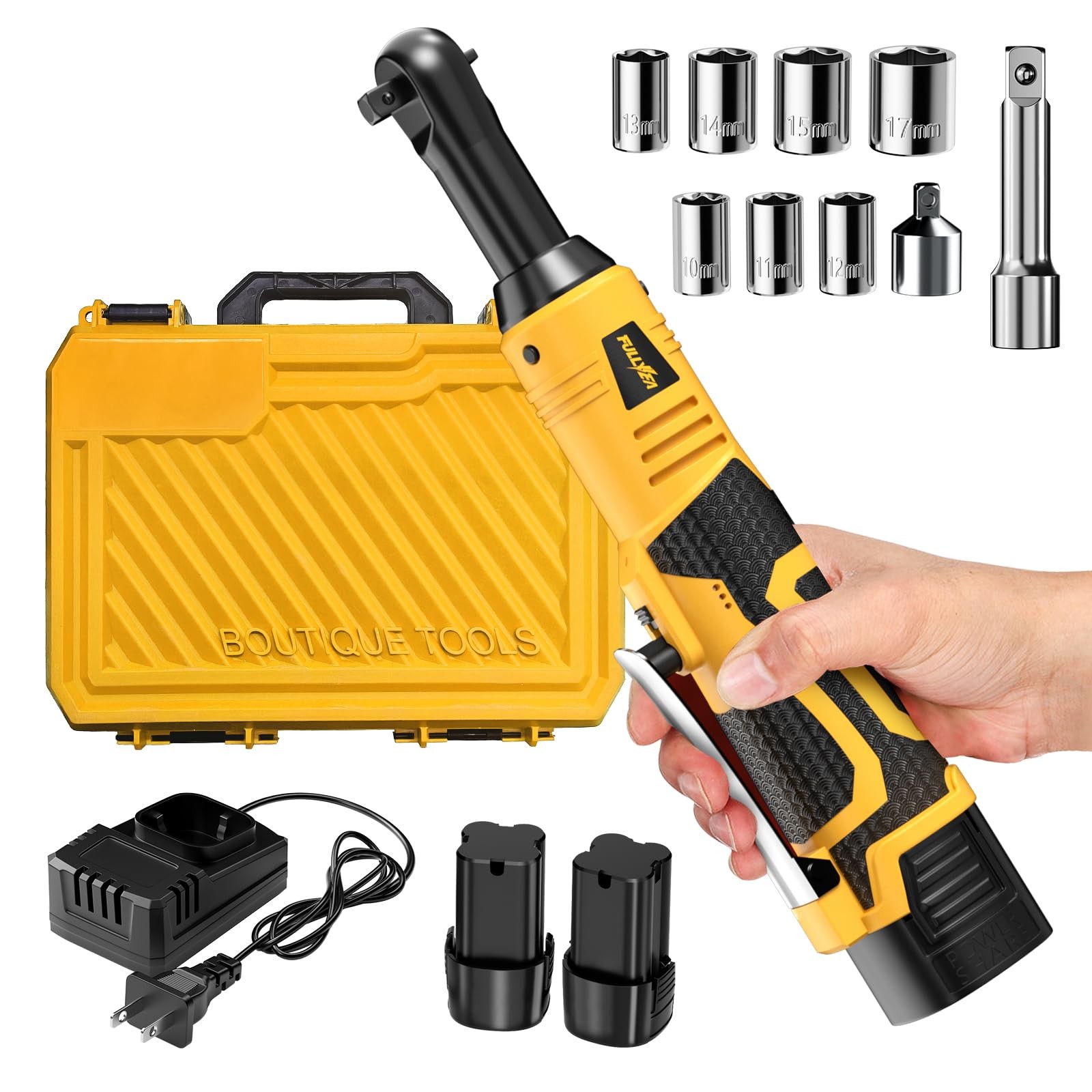 FULLYEA Cordless Electric Ratchet Wrench Set, 550RPM, 45Ft-lbs, 16.8V Extende…