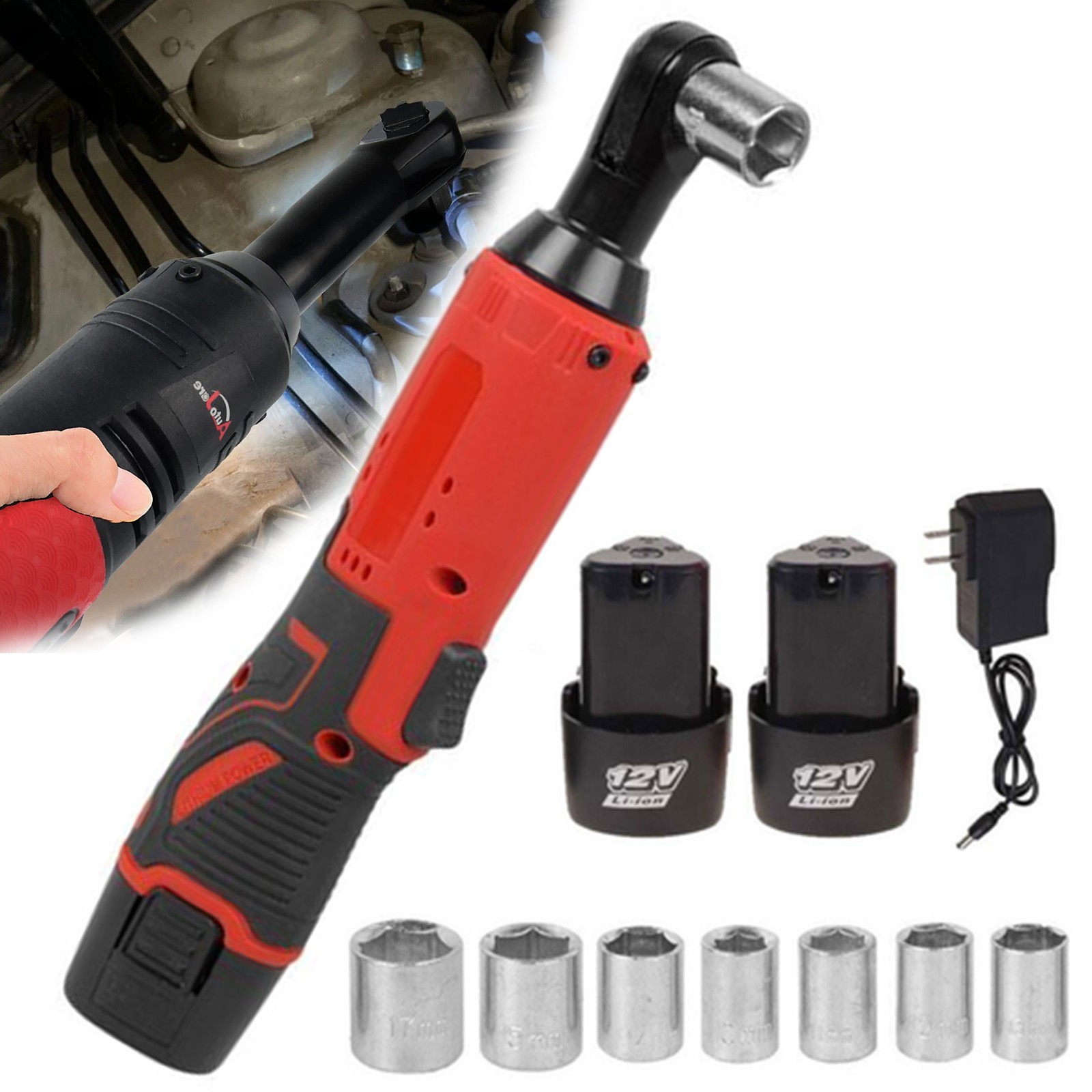 3/8 » Electric Cordless Ratchet Right Angle Wrench Impact Power Tool 2 Battery