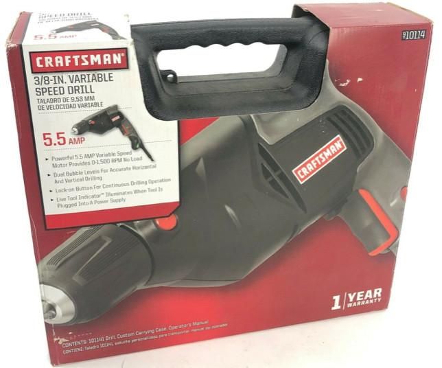NEW! CRAFTSMAN 3/8&Prime; VARIABLE SPEED 0-1500 RPM DRILL, 5.5 AMP, CASE, 910114