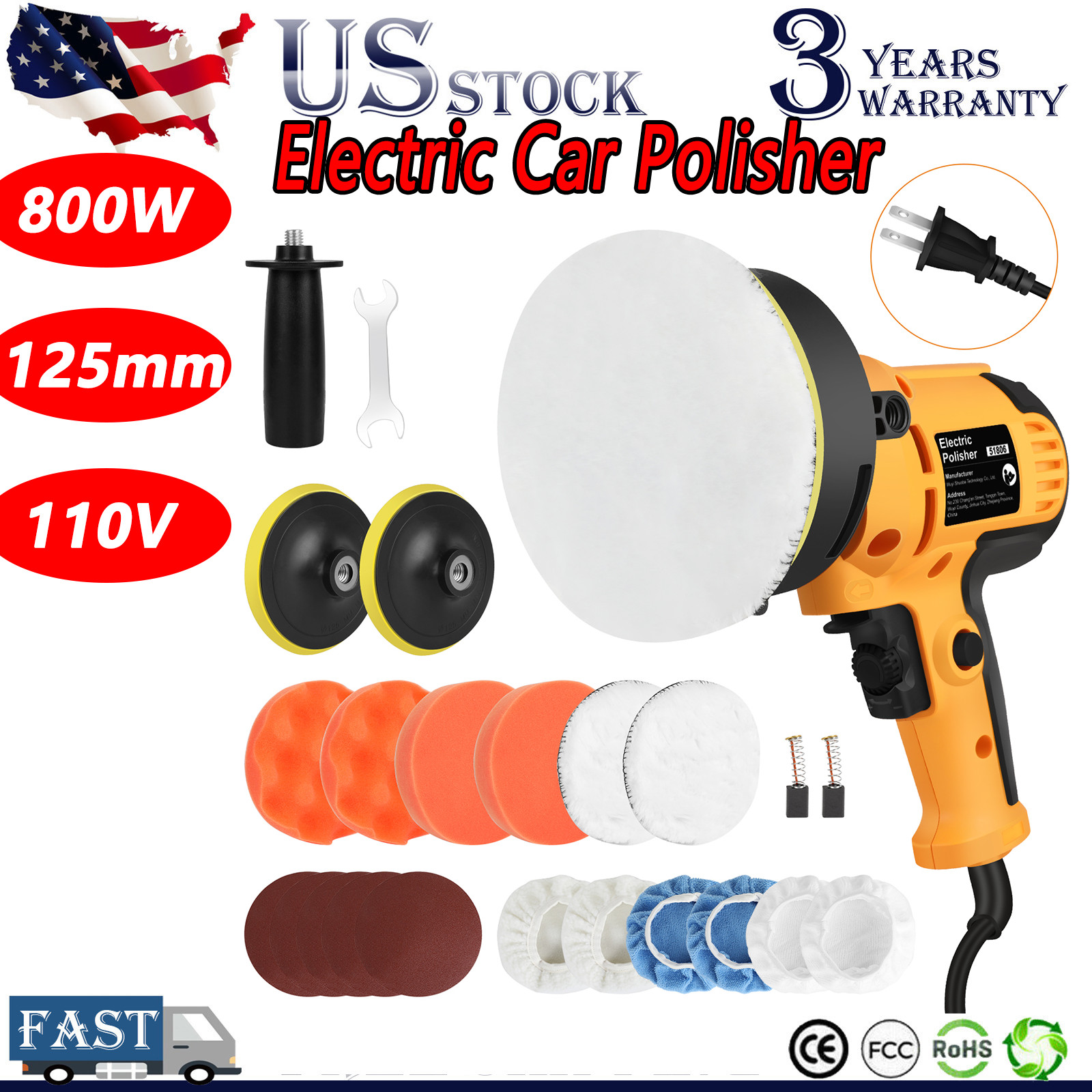 Car Polisher Buffer Sander 800W Auto Polishing Machine + 5&Prime; Pad Bonnet Kit Set