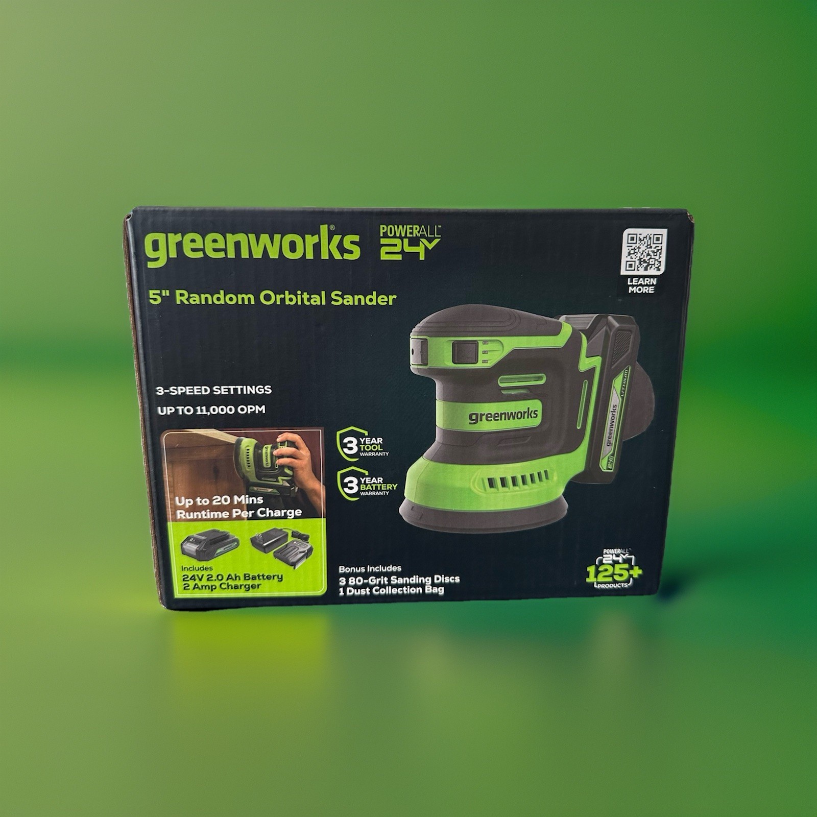 Greenworks POWERALL 24V 5-inch Orbital Sander Max 11000 OPM w Battery & Charger