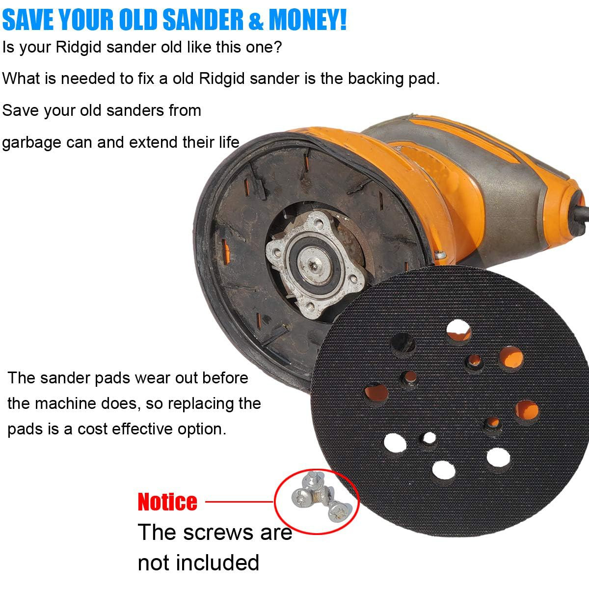 5&Prime; Hook and Loop Sander Pad for Ridgid R2600, R2601 Random Orbit Sanders -5 Inch