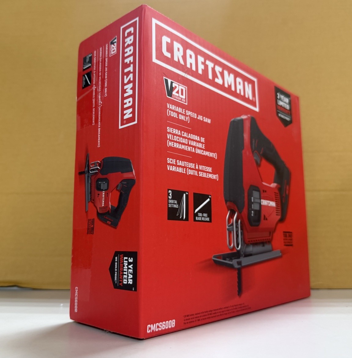 Craftsman V20 Cordless Jig Saw, 3 Orbital Settings 2500SPM CMCS600B (Tool Only)