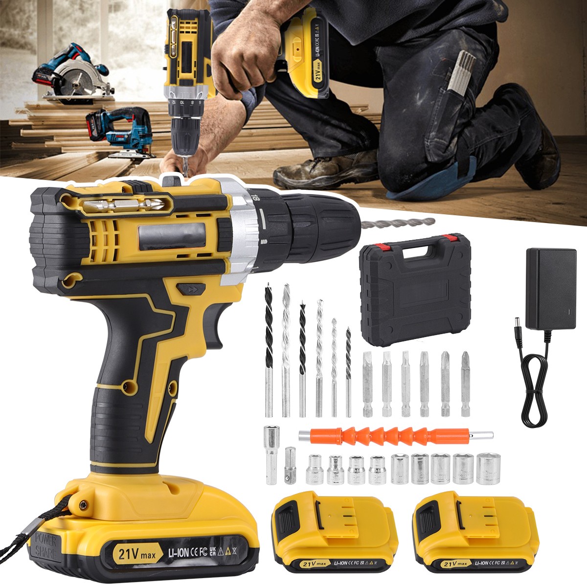 21V Cordless Hammer Drill Set Electric Impact Driver Screwdriver with 2 Battery