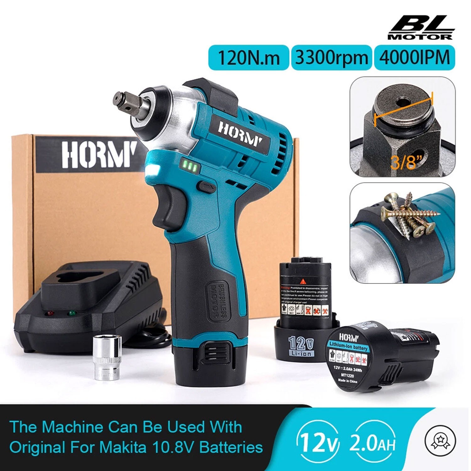 12V Cordless Brushless Impact Wrench with 120Nm Torque 3/8&Prime; with 2×2.0Ah Battery