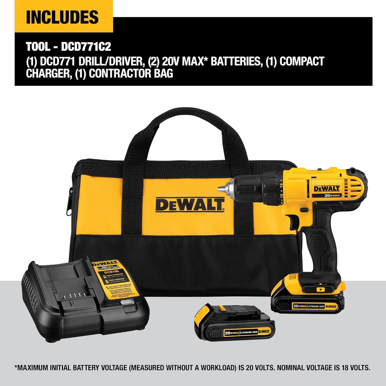 20V Max Cordless Drill/Driver Kit, 2 Batteries and Charger Included (DCD771C2)