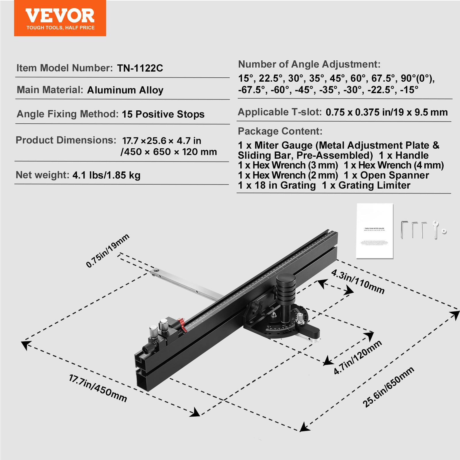 VEVOR Precision Table Saw Miter Gauge Standard Slot 3/4 » x 3/8 » 24 in Grating
