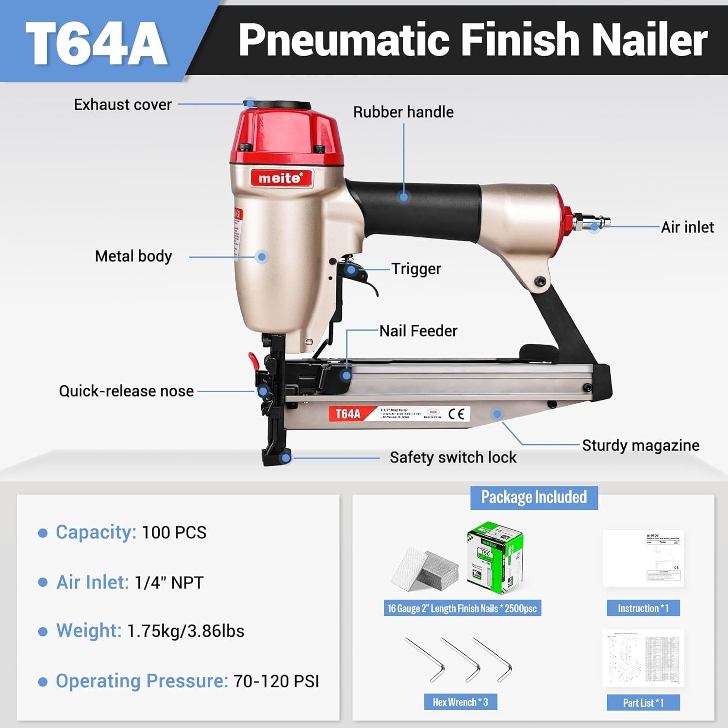 meite T64A 16 Gauge Finish Nailer with 2,500PCS 2&Prime; Nails Pneumatic Finish Nailer