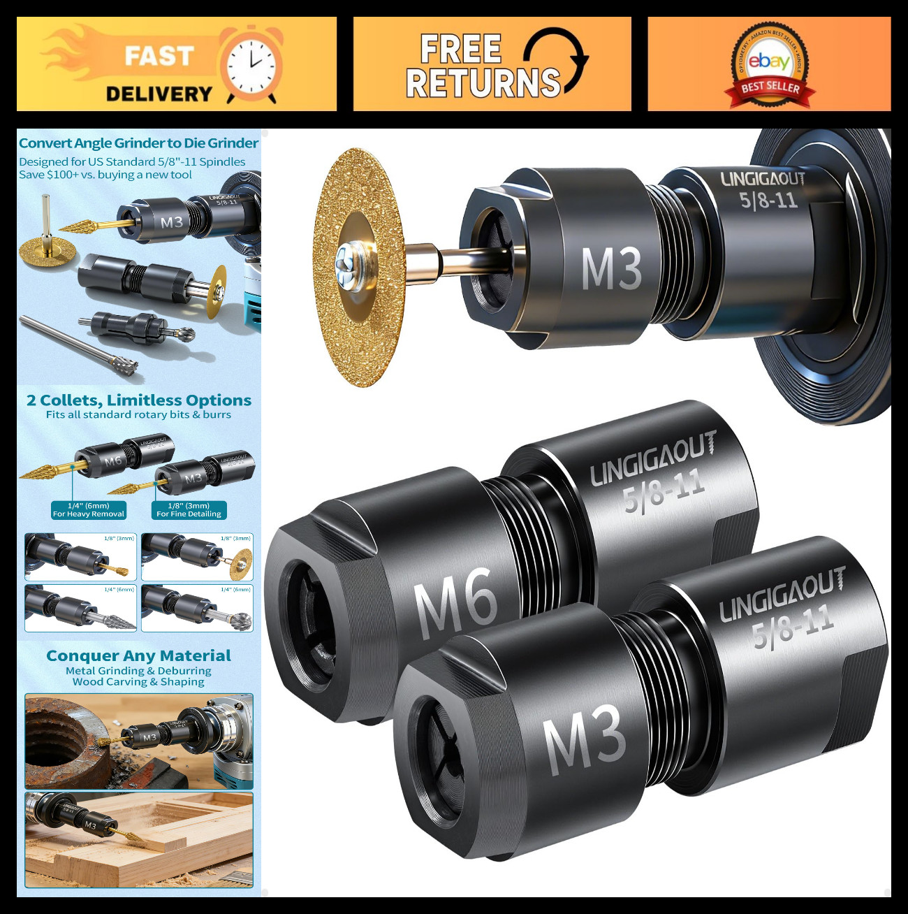 2-Pack Angle Grinder to Die Grinder Adapter, 5/8&Prime;-11 to 1/4&Prime; & 1/8&Prime; Collet Chuck
