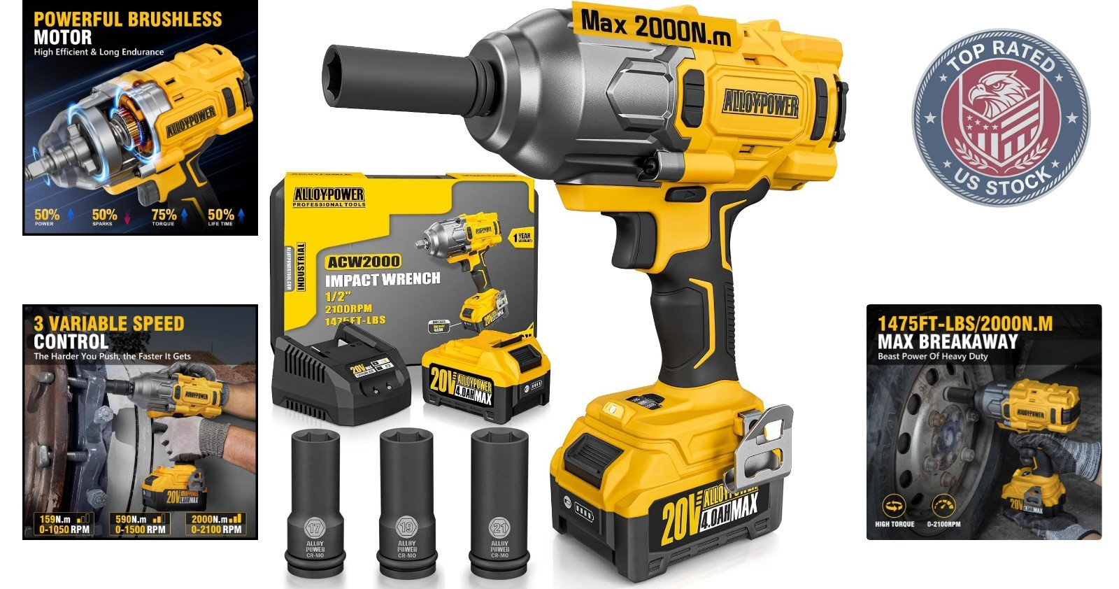1475 ft-lbs Cordless Brushless Impact Wrench Set – 3 Sockets & 4000mAh Battery