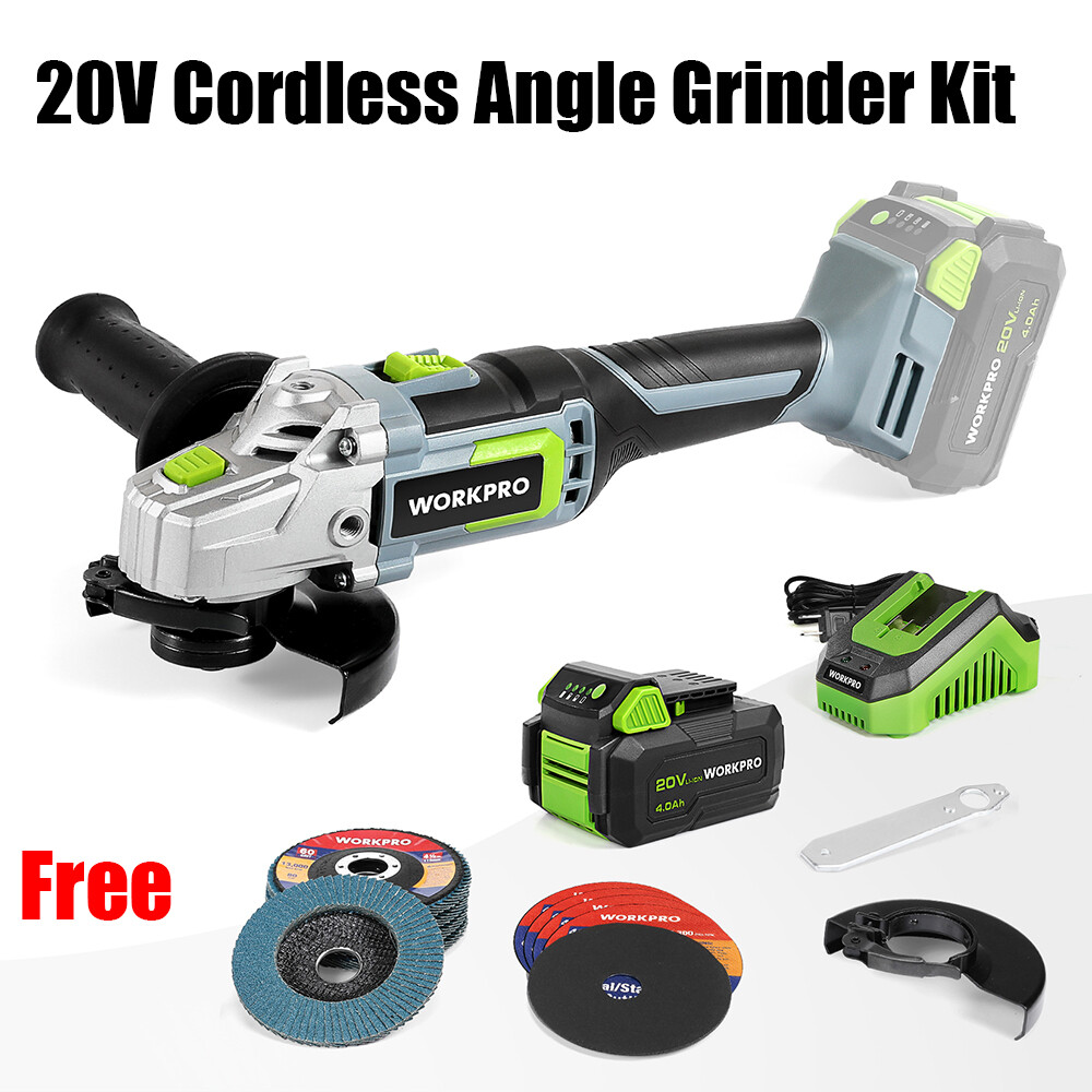 WORKPRO 20V Cordless Angle Grinder Kit w/ 4.0Ah Lithium-Ion Battery Fast Charger