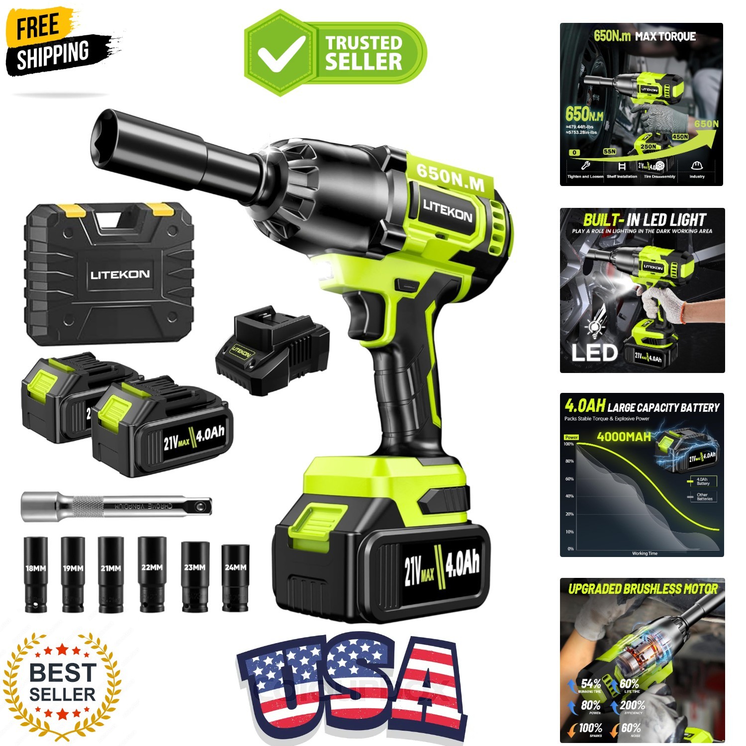 Cordless Impact Wrench 1/2 Inch, 480Ft-lbs 650N.m Brushless High Power Impact…