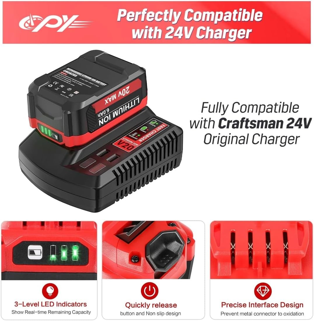 2-PACK 6.0Ah Battery For Craftsman 20V Max Lithium-Ion CMCB204 CMCB206 Replace