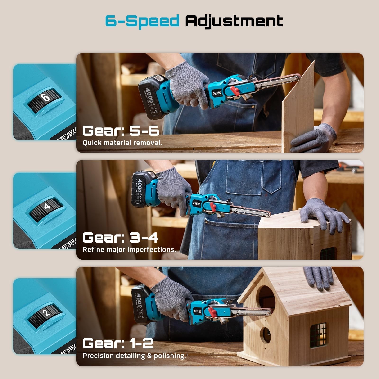 Seesii Belt Sander 1/2&Prime; x 18&Prime;, 6 Speeds Max 2300FT/Min, 1 4.0Ah Battery