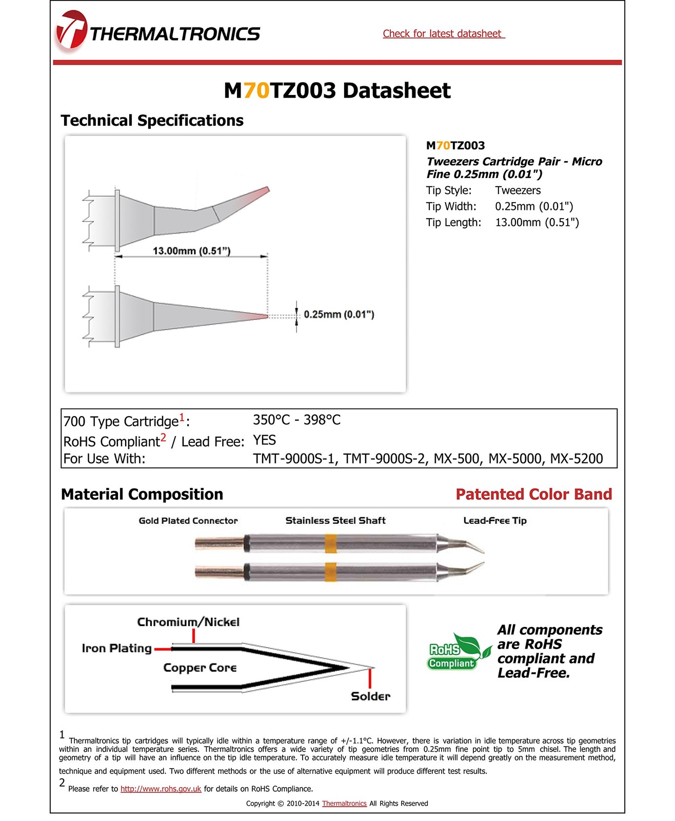M70TZ003 Tweezers Cartridge Pair – Micro Fine 0.25mm (0.01in)